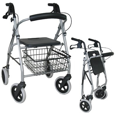 Leichtgewichtrollator Gigo 2G anatomische Griffe, Tablett,Korb,silber>>>>