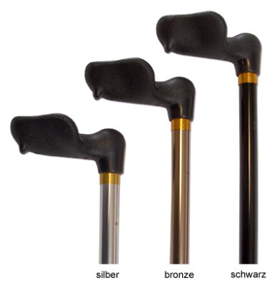 Leichtmetall-Krankenstock, anatomisch, Druckknopfverstellung>>>>Farbe: bronze links Leichtmetall-Krankenstock, anatomisch, Druckknopfverstellung>>>>Farbe: schwarz rechts