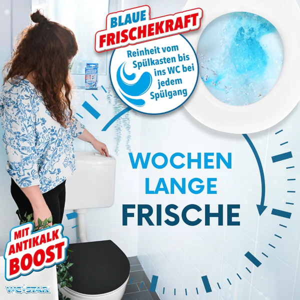 WC-Star Spülkasten-Hygiene-Set für Sauberkeit & Frische vom Spülkasten bis ins WC | WC-Reiniger-Set mit Aktiv-Frische & Antikalk-Boost WC-Star Nachfüll-Set 8x Spülkasten-Tab (à 50 g), 4x Antikalk-Tab (25 g)
