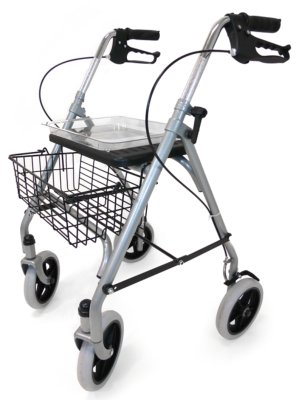 340432.jpg Rollator ROAD,Bügelbr.,Stock-,Halter,Tabl.,Korb,PU,silber,