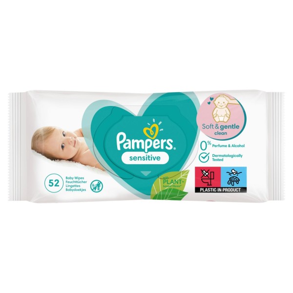 Pampers Sensitive Feuchttücher Babyhaut Babyduft Baby Wipes 1 Packung = 52 Feuchttücher 0 % alkohol,