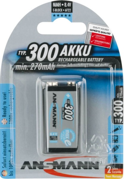 ANSMANN 6x NiMH Akku 9V E-Block Typ 300 (min. 270 mAh) maxE 1er Blister LSD 5035453