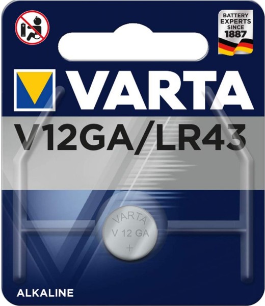 Varta 50x Varta V12GA, LR43, 186, 84, LR1142 Knopfzelle LR43 Batterie 1,5 V 80 mAh V12GA