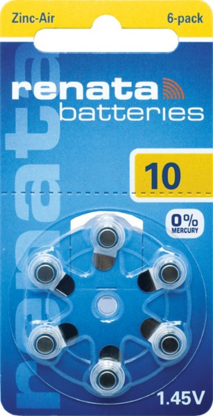 Renata 20x Gr. 10 Hörgerätebatterien 6er Blister PR70 Gelb 100790