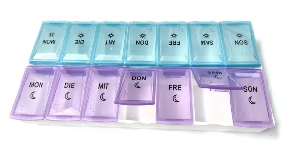 Top Tablettenbox Pillendose Medikamtenbox 7 Tage morgens abends 14 Fächer hellblau/violett HA-36