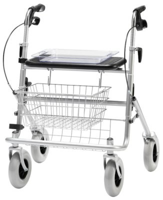 Rollator XXL,Bügelbr.,Tablett,Sitz,Korb,PU-ber.,silber met.,