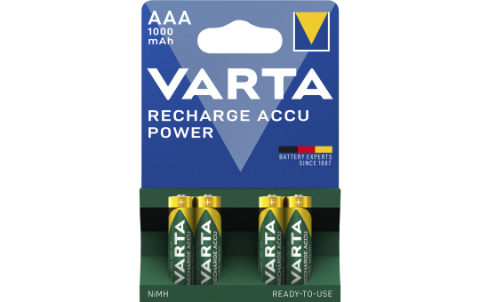 Micro-Akku VARTA, Typ AAA, NiMH-Akku, HR03, 1,2V/1000 mAh, Pre-charged, 4er Pack