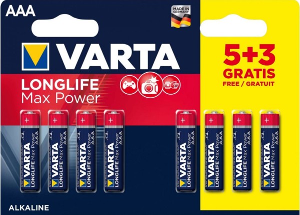 Varta Longlife Max Power 8er Blister AAA Alkaline 1,5V LR03 Micro Ministilo MN2400 ehem. Max Tech 47