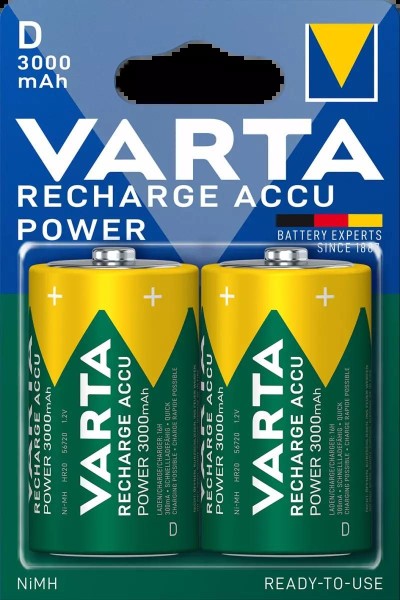 Varta 50x Recharge Accu Power D 2er Blister Mono 3000 mAh 1,2 V NiMH wiederaufladbarer Akku HR20 Tor