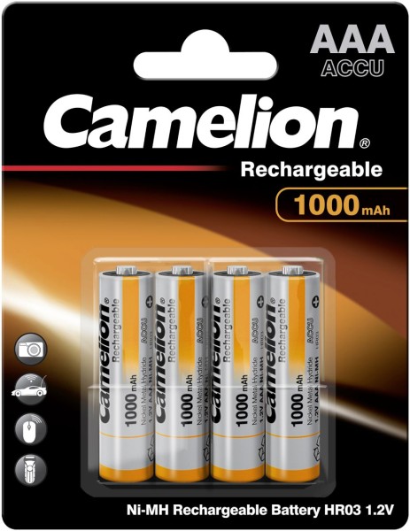 Camelion 4x Ni-MH Rechargeable Akku AAA HR03 1,2V 1000 mAh 4er Blister 17010403