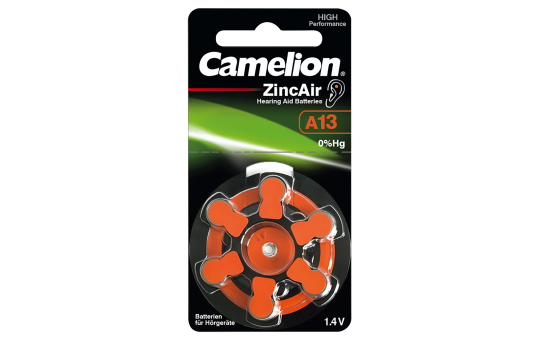 Knopfzelle CAMELION, A13, Zink-Luft, 6er-Blister
